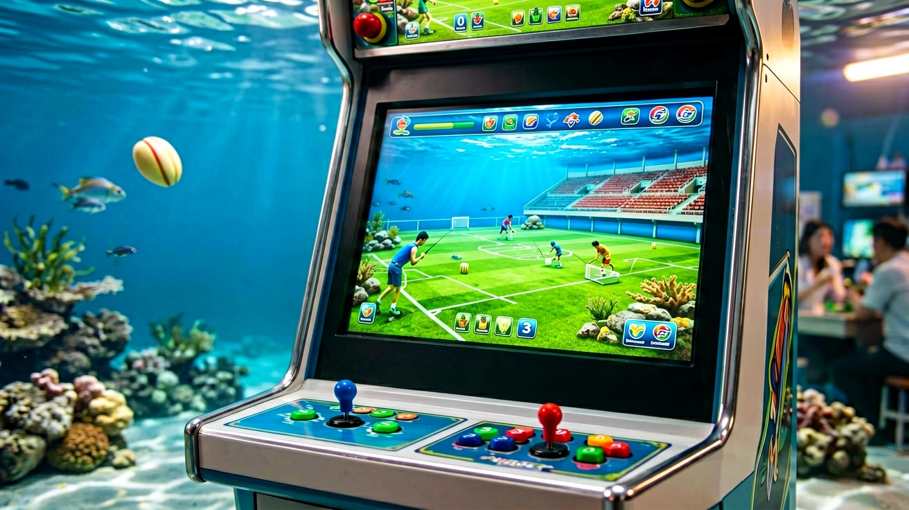 ငါးပစ်ဂိမ်း cabinet ၏ screen နှင့် control panel ကို သန္တာကျောက်တန်းနှင့် ငါးများအကြားတွင် အနီ်ပြသထားသည့် မြင်ကွင်း