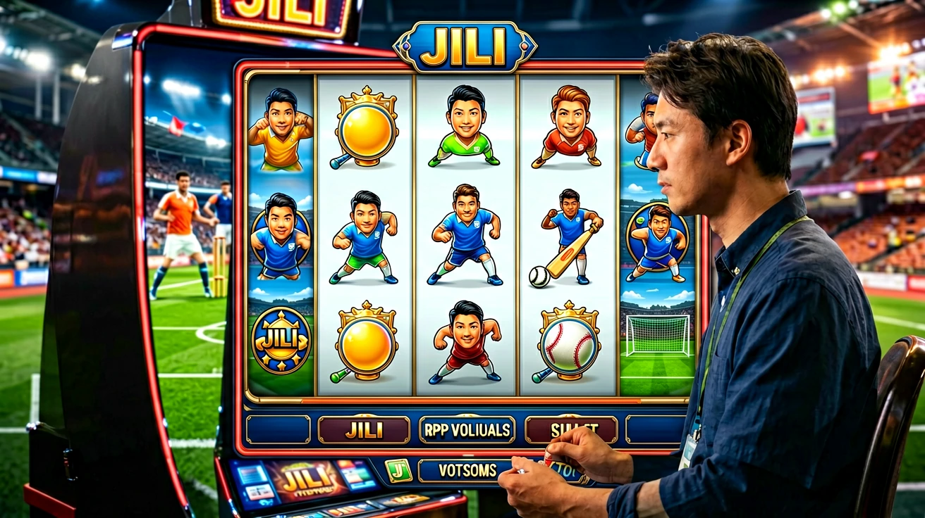 Online slot ဂိမ်း reel များနှင့် symbol grid interface ပြသနေသော wide shot