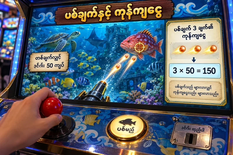 ငါးပစ်စက်၌ ကျည်သုံးချက်နှင့် တစ်ချက်50 စရိတ်ကို သရုပ်ပြထားပုံ