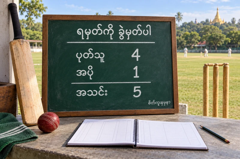ခရစ်ကက်ရမှတ်မှတ်သူ၏စိတ်ကူးစားပွဲပေါ်တွင် ပုတ်သူ4 အပို1 အသင်း5 ဟုမြန်မာစာရေးထားသောဘုတ်