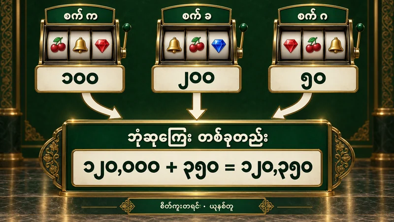စိတ်ကူးစလော့စက် က၊ ခ၊ ဂ မှ ၁၀၀၊ ၂၀၀၊ ၅၀ ပေါင်းထည့်၍ ဘုံဆုကြေး ၁၂၀,၃၅၀ ဖြစ်ပုံ